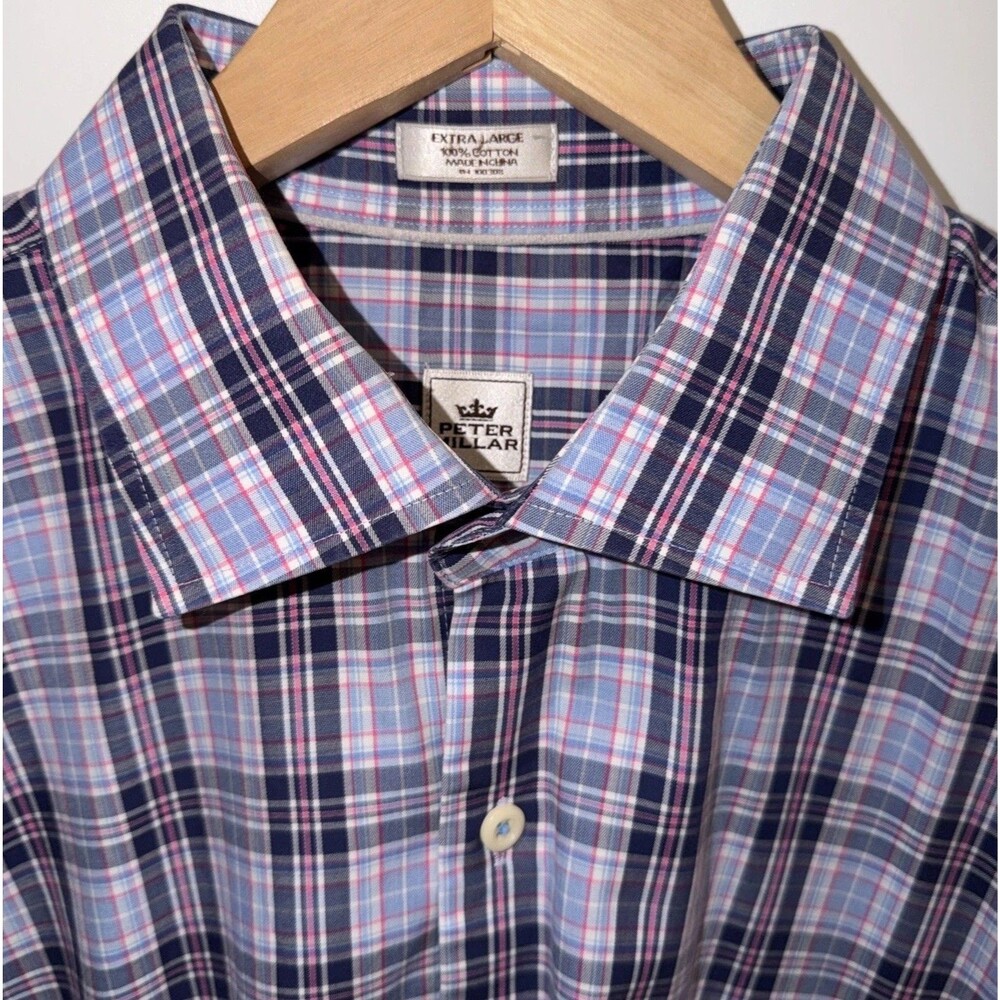 Peter Millar Mens XL Dress Shirt Blue Pink Plaid Classic Timeless Preppy Cotton